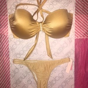Victoria’s Secret Swim Bikini Bandeau Strapless Tie Top Bottoms Gold Set 38DD XS